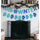 Glitter Hello Winter Banner With Snowflake Signs And Blue Glittery Gloves - Snowflake Garland For Christmas Holiday, Winter Wonderland Birthday, Baby Shower Party Mantle Decorations