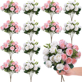 12 Bunches Valentine'S Day 12 In Mini Rose Artificial Flower Wedding Table Centerpieces Artificial Silk Roses Flower 120 Heads White And Pink Fake Bouquet For Bridal Shower Party Decoration