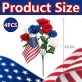 4 Bunches Memorial Day Artificial Flowers, Red Blue White Cemetery Flower With Flags, Patriotic Bouquet Decorations For Veterans Day 4Th Of July Independence Day Grave Home Decor