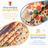 Birthday Wrapping Paper, 5 Rolls Kraft Gift Wrap For Birthday, Party, Holiday, Baby Shower, Recyclable Wrapping Paper Girl Boy Kids Adult, 17 Inch X 9.8 Feet