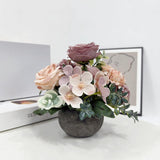 Artificial Flowers Mini Potted Plants Kit, Purple Peony Hydrangea Greenery + Paper Pulp Round Vase, Small Fake Plant Potted Decor For Offices, Bookshelf, Bedroom, Living Room, Party, Wedding