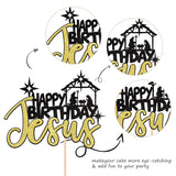 1 Pcs Happy Birthday Jesus Cake Topper Glitter Merry Christmas Nativity Jesus Birthday Cake Pick For Nativity Scene Theme Christmas Jesus Birthday Party Cake Decorations Supplies Black Gold