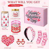 8 Pcs Gifts Set For Women Happy Gift Basket Includes 17Oz Coffee Glass With Lid Straw Scented Candle Bracelet Hairband Socks Earrings Card Box (Valentines Day)