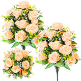 2 Bouquets Artificial Cemetery Flowers For Grave Memorial 18 Heads Rose Silk Flower Faux Roses Arrangement For Valentine'S Headstone Tombstone Decoration Graves 17.72 Inch(Champagne Gold)