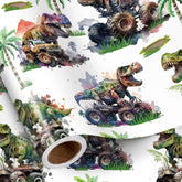 Dinosaur Wrapping Paper Roll For Kids Boys, Mini Roll, Watercolor T-Rex And Monster Truck Gift Wrap Paper For Birthday, Dino Party, Adventure Celebration, 17 Inches X 16.4 Feet