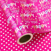 Reversible Birthday Wrapping Paper - Mini Roll - 17 Inch X 9.8 Feet - Hot Pink And Gold Foil Happy Birthday Wrapping Paper For Girls, Women, Kids, Baby Shower