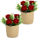 Artificial Roses Flowers With Jute Hanging Basket Pack Of 2, Faux Flannel Floral Eucalyptus Arrangement For Entryway Kitchen Bedroom Living Room Home Decorations - Burgundy
