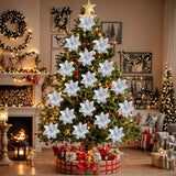 12 Pcs Poinsettias Artificial Christmas Flowers 5.5" Silver Glitter Poinsettias Christmas Decorations Xmas Tree Ornaments With Clips And Sticks