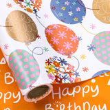Reversible Birthday Wrapping Paper Roll For Girls Women, Happy Birthday Lettering, Orange Flower Balloon Design, Mini Roll, 17 Inches X 32.8 Feet (46.45 Sq.Ft.)