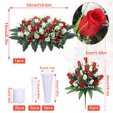 Artificial Cemetery Flower Saddles For Graves, Cemetery Memorial Flowers With Vase And 2 Memorial Bouquets For Grave Tombstone,Outdoor Grave Saddle Headstone Decorations (Red White)