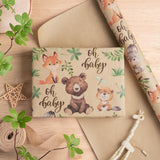 Jungle Animal Wrapping Paper Roll, Mini Roll, Woodland Animal Design With Oh Baby Text Design Kraft Gift Wrap For Baby Shower, Newborn Gifts And Gender Reveal, 17 Inches X 9.8 Feet