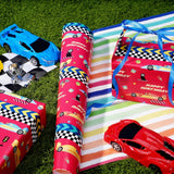 Reversible Race Car Wrapping Paper - 17 Inches X 33 Feet (47 Sq. Ft. Ttl.) - Racing Cars And Colorful Stripes Design For Birthday, Baby Shower, Party, Holiday, Boys Girls Kids