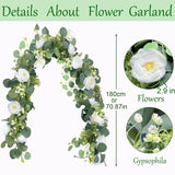 2 Pack 6Ft Artificial Eucalyptus Flower Garland With White Roses, Faux Floral Greenery Garland Fake Flower Vines For Wedding Party Centerpiece Table Runner Arch Party Decor (2Pcs,White
