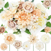 100 Pcs Assorted Fake Flower Heads With Long Stem Mini Artificial Flower Bulk Mix Silk Faux Daisy For Crafts Fake Peony Rose For Diy Wedding Party Wreath Home Decoration(Champagne)
