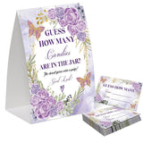 Lilac Gold Butterfly Guess How Many Candies Are In The Jar Game For Baby Shower, Pack Of One 5X7 Sign And 50 Guessing Cards, Floral Baby Shower Decoration, Gender Neutral Party Supplies - Gc01