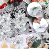 132 Pcs Christmas Tree Ornaments Set Glitter Poinsettia Flowers 2.36 Inch Christmas Balls Snowflakes Decorations Artificial Berry Picks For Xmas Tree Wreath, Hooks Included(White)