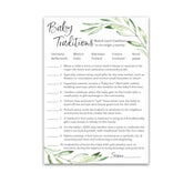 Greenery Baby Shower Games — Baby Traditions Around The World Game — Pack Of 25 — Fun Facts, Floral Green Olive Branch Trivia, Rustic Gender Neutral Minimalist Couples Shower Activity Reveal G320-Btw1