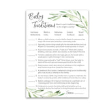 Greenery Baby Shower Games — Baby Traditions Around The World Game — Pack Of 25 — Fun Facts, Floral Green Olive Branch Trivia, Rustic Gender Neutral Minimalist Couples Shower Activity Reveal G320-Btw1