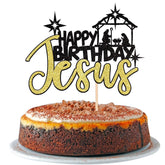 1 Pcs Happy Birthday Jesus Cake Topper Glitter Merry Christmas Nativity Jesus Birthday Cake Pick For Nativity Scene Theme Christmas Jesus Birthday Party Cake Decorations Supplies Black Gold