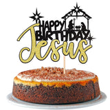 1 Pcs Happy Birthday Jesus Cake Topper Glitter Merry Christmas Nativity Jesus Birthday Cake Pick For Nativity Scene Theme Christmas Jesus Birthday Party Cake Decorations Supplies Black Gold