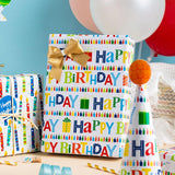 Birthday Wrapping Paper Roll - Colorful Happy Birthday Lettering & Candles, Reversible Design For Baby Shower, Party - Mini Roll - 17 Inch X 33 Feet