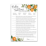 A Little Cutie Theme Baby Shower Games — Baby Traditions Around The World Game — Pack Of 25 — Citrus Orange, Fun Baby Facts Trivia Shower Activity, Gender Neutral Couples Shower Co-Ed Shower G350-Btw