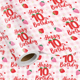 Happy 10Th Birthday Wrapping Paper Roll, Strawberry & Pink Gingham Gift Wrap For Girl’S Tenth Birthday Party, Kids Age10 Decorations & Presents, Mini Roll 17 In X 16.4 Ft