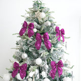 Purple Glitter Wired Ribbon Bows With Twist Tie 5.5" Premade Metallic Christmas Bows For Gift Wrapping, Wreath, Garland, Holiday Crafts Party Home Outdoor Christmas Tree Decorations, 12 Pcs