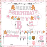 Pink Christmas Merry Birthday Party Decorations, Gingerbread Man Merry Birthday Banner, Cake Topper, Snowflake Balloons For Girls Gingerbread Christmas Decorations Pink Bow Xmas Party
