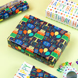 Reversible Birthday Wrapping Paper Mini Roll - 17In X 32.8Feet - Colorful Happy Birthday Lettering,Cake,Candle Pattern Kid Boys Party Gift Wrap Present Paper For Baby Shower, Holiday