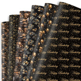 Birthday Wrapping Paper - 6 Black Gold Style Gift Paper For Men, Women, Kids - 20 X 28 Inch, Folded Flat (6 Sheet Recyclable)