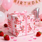 Happy 18Th Birthday Wrapping Paper Roll, Strawberry & Pink Gingham Gift Wrap For Girl’S Eighteenth Age18 Birthday Party, Gifts & Decorations, Mini Roll 17 In X 16.4 Ft