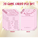 Who Knows The Birthday Girl Best & Favorite Memory - 20Pcs Birthday Double-Sided Game Cards - Pink Full Print Birthday Game Cards For Girls - Birthday,Sleepover Party & Acticities Supplies - A01