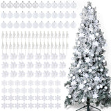 132 Pcs Christmas Tree Ornaments Set Glitter Poinsettia Flowers 2.36 Inch Christmas Balls Snowflakes Decorations Artificial Berry Picks For Xmas Tree Wreath, Hooks Included(White)