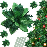12Pcs Silk Shinning Sprakled Glitter Poinsettia Artificial Flower For Xmas Tree Christmas Decorations(Green,6 Inch)