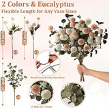 Beige White Faux Kiku Flower 25 Heads+18 Eucalyptus, Long Stem Pom Pom Fake Mums Artificial Flowers For Vase Silk Chrysanthemum For Centerpiece Bouquet Floral Arrangement Tan Nude Neutral Cream