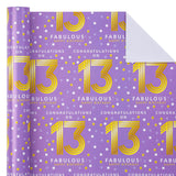 13Th Birthday Wrapping Paper - Mini Roll - 17 Inch X 33 Feet - Purple Gold Polka Dots Design For Birthday, Party, Holiday