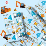 4Th Birthday Wrapping Paper For Boy - Mini Roll - Blue Cartoon Cars Trucks And Happy Birthday Text Pattern For Boys' Or Kids' Birthday Party And More - 17 Inches X 16.4 Feet - 4 Years Old