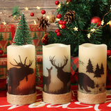 Flameless Flickering Led Candles With Hemp Rope And 6H Timer, Battery Operated Set Of 3 Real Wax Pillar Rustic Candles Warm Light With Deer, Moose, Bear Decals Decor Christmas Home(D3 X H6)
