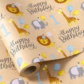 1St Birthday Wrapping Paper Roll, Mini Roll, Jungle Animal Gift Wrap Paper, Cute Lion, Elephants, Giraffe Kraft Paper For Age 1 Kids, Baby Shower, Birthday And More, 17.5 Inches X 16.4 Feet