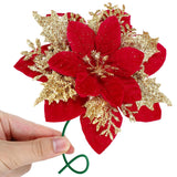 12Pcs Velvet Christmas Decorations Poinsettia Artificial Flowers - 5.5'' Red Glittery Poinsettia With Picks Christmas Tree Garland Ornaments For Xmas Party Wedding Table Centerpieces Decor