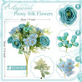 8 Pcs Wedding Artificial Rose Flowers Fake Roses Silk Hydrangea Berry Bouquet 12 Inch Faux Flowers For Bridal Wedding Party Floral Home Decoration Table Centerpieces(Teal Blue)