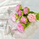 Crochet Rose Flowers, 7Pcs Crochet Flower Bouquet Artificial Pink Rose Bouquet Knitted Flowers Gift For Women Home Office Wedding Table Decor