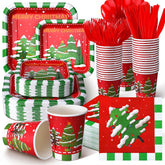 350 Pcs Paper Plates And Napkins Set Disposable Dinnerware Party Supplies Tableware Serve 50 Guest Cups Knife Forks Spoon(Red,Merry Christmas)