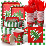 350 Pcs Paper Plates And Napkins Set Disposable Dinnerware Party Supplies Tableware Serve 50 Guest Cups Knife Forks Spoon(Red,Merry Christmas)