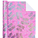 Birthday Wrapping Paper Roll For Girls, Mini Roll, Pink Gift Wrap With Metallic Silver Happy Birthday Text And Confetti Sprinkle Design, Perfect For Princess Party, 17 Inches X 16.4 Feet