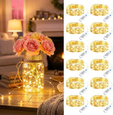 12 Pack Battery Operated Fairy Lights 7FT 20 LED Warm White Twinkle String Lights 8 Modes Waterproof Silver Wire for Mason Jars Wedding Christmas Party Decor
