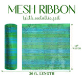 Peacock Ombre Deco Mesh 10 Inch Deluxe Wide Foil Metallic Xmas Mesh Christmas Tree Ribbon Ombre Mesh Ribbon For Christmas Tree, Wreaths, Garland, Gift Wrapping, Bows Making (30 Feet)