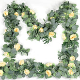 2 Pack 13Ft Artificial Spring Eucalyptus Flower Garland With Fake Rose Flower Floral Vine & Seeded Eucalyptus Greenery Garland For Wedding Arch Table Runner Backdrop Party Spring Decor (Champagne)