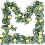 2 Pack 13Ft Artificial Spring Eucalyptus Flower Garland With Fake Rose Flower Floral Vine & Seeded Eucalyptus Greenery Garland For Wedding Arch Table Runner Backdrop Party Spring Decor (Champagne)